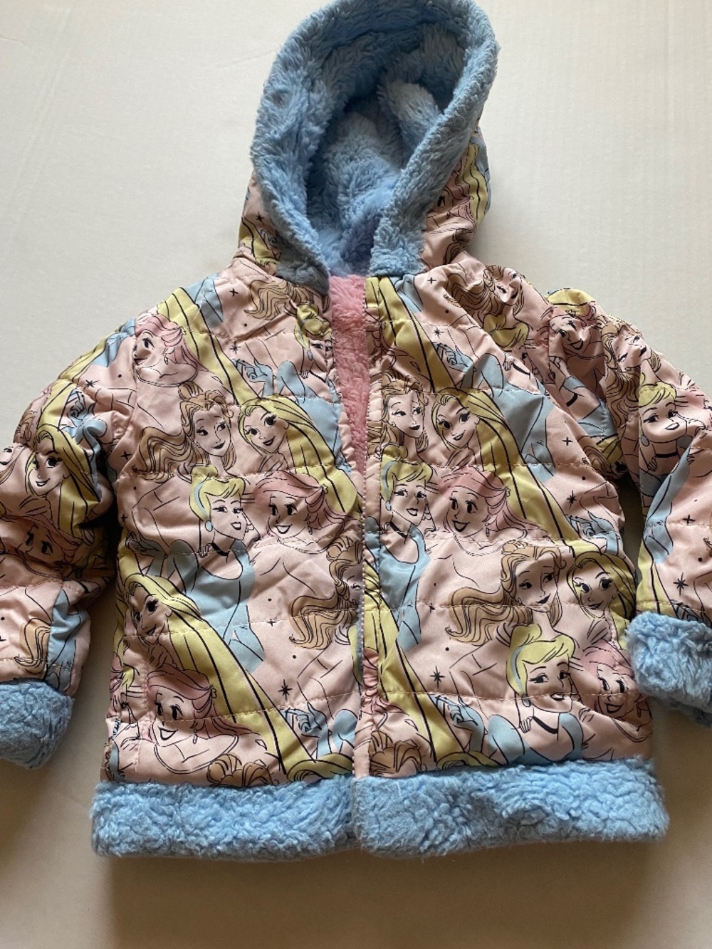 Disney Princess Girls Pink Blue Sherpa Lined Hooded Quilted Jacket Coat